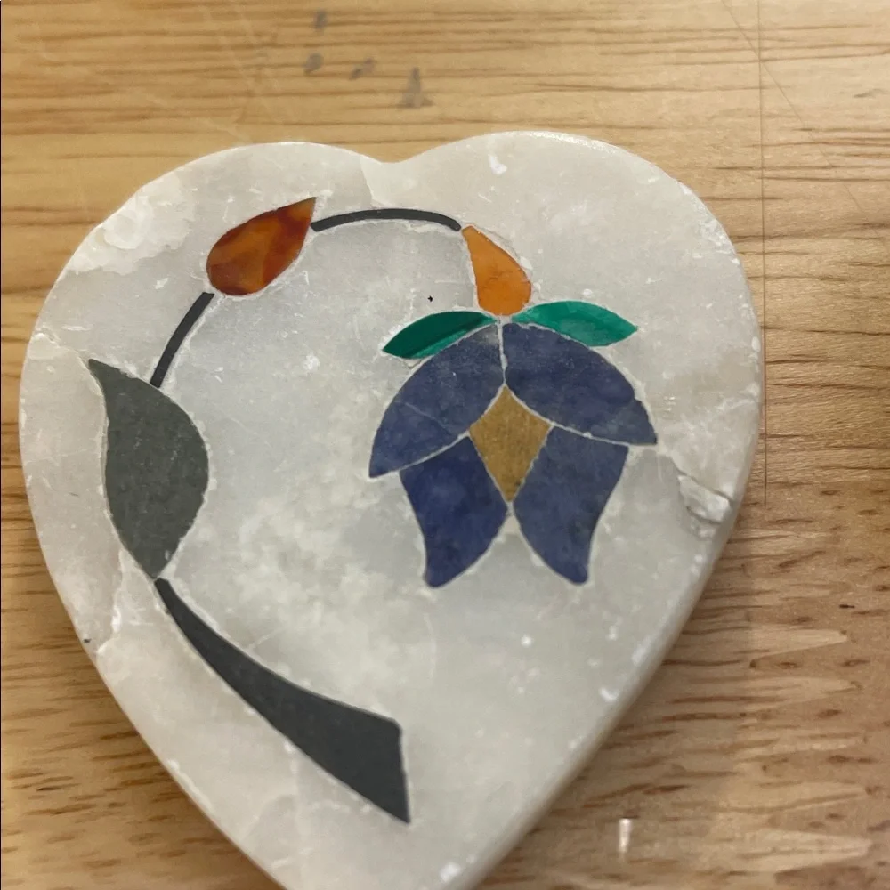 Heart-Shaped Soap Stone Trinket Box with Floral Inlay
